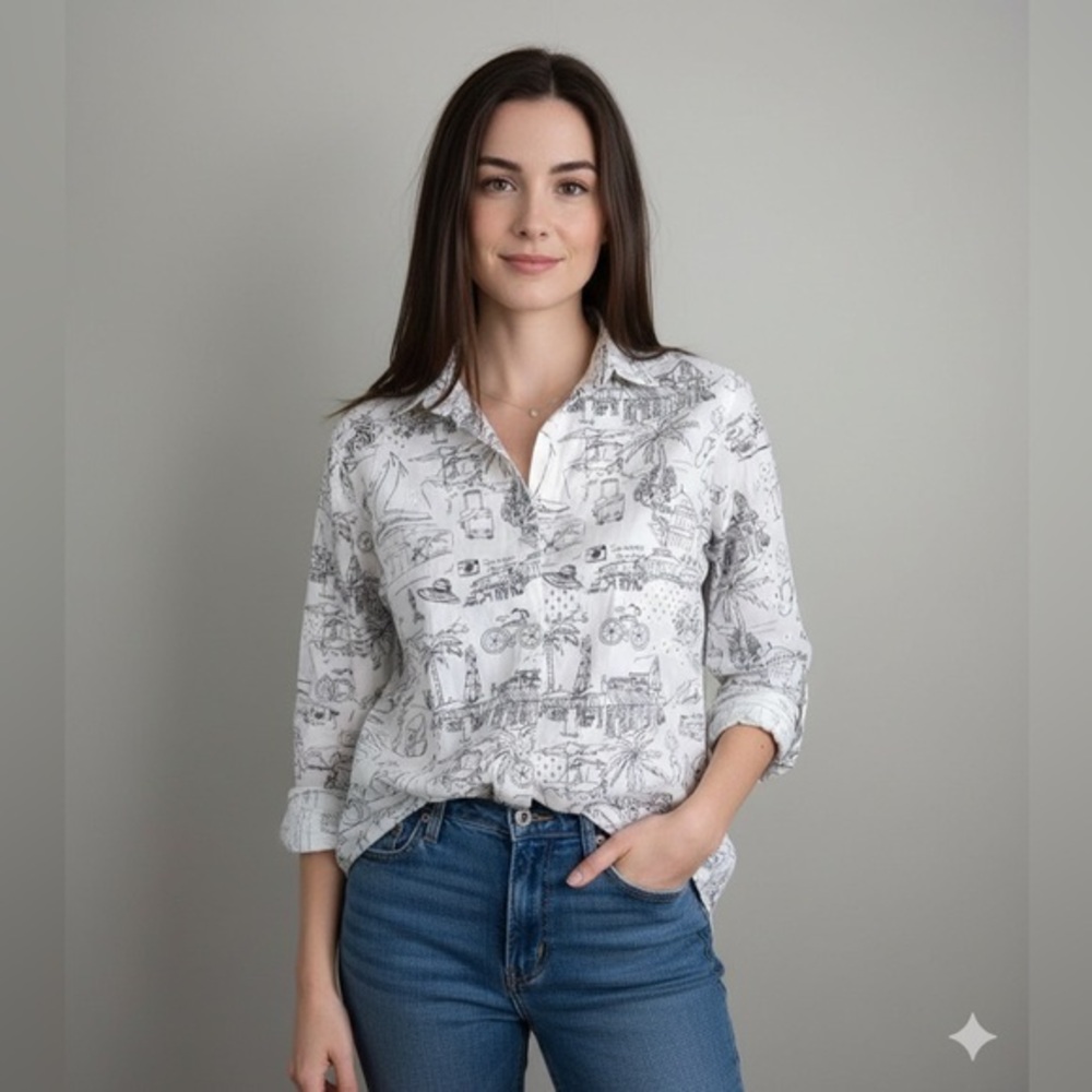 Chico’s Size 0 Small White Eyelet Black Vacation Drawing Print Shirt Top 4 6